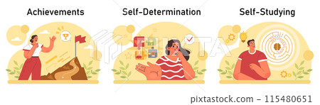 Positive psychology set. Positive thinking and attitude. Optimistic mindset, self acceptance and well-being. Young woman working on her mental health. Flat vector illustration 115480651
