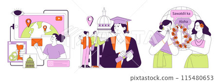 Soft power set. Global connectivity and cultural exchange. International communication. Different countries cooperation, peace and unity. Flat vector illustration Soft power set. Global connectivity and cultural exchange. International communication. Different countries cooperation, peace and unity. Flat vector illustration 115480653