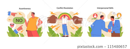 Assertiveness, conflict resolution and interpersonal skills concept. Boundary setting, problem-solving, mutual understanding. Essential for personal and professional growth. Flat vector illustration Assertiveness, conflict resolution and interpersonal skills concept. Boundary setting, problem-solving, mutual understanding. Essential for personal and professional growth. Flat vector illustration 115480657