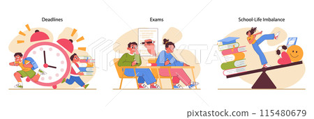 Educational stress set. Students race against deadlines, navigate exam anxieties, and strive for school-life harmony. Time management, nervousness during lessons, struggling with balance. Flat vector 115480679