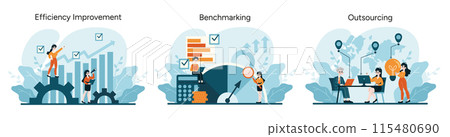 Cost Optimization trio. Enhancing operational productivity, industry standard evaluation, global business delegation. Flat vector illustration Cost Optimization trio. Enhancing operational productivity, industry standard evaluation, global business delegation. Flat vector illustration 115480690