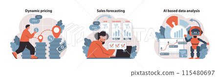 Retail Profit Plan set. Adapting pricing dynamically, predicting future sales, leveraging AI for data analytics. Streamlining retail strategies through advanced technologies. Flat vector. Retail Profit Plan set. Adapting pricing dynamically, predicting future sales, leveraging AI for data analytics. Streamlining retail strategies through advanced technologies. Flat vector. 115480697