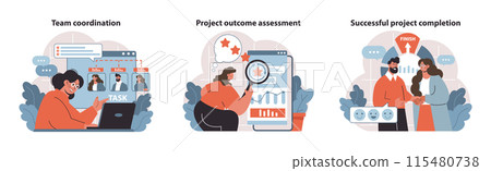 Project Management dynamics. Coordinating teams, assessing outcomes, celebrating achievements. Visualizing the lifecycle of project success. Flat vector illustration. 115480738