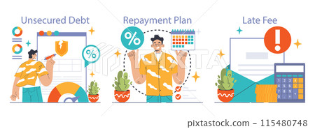 Debt management set. Organization, tracking and paying off debts. Financial planning and budgeting. Payment strategy development. Flat vector illustration 115480748