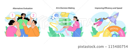 Decision making set. Examining alternatives, leveraging AI and enhancing efficiency. Characters depict swift and modern decision processes. Using technologies to make choice. Flat vector illustration 115480754