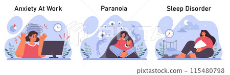 Anxiety set. Character mental health issues. Woman coping with psychological stress. Mental disorder emotional and physical symptom. Flat vector illustration 115480798