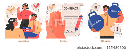 Business deal or agreement set. Signing a contract or successful negotiation. Business partners interests and obligations. Paper terms and conditions. Flat vector illustration Business deal or agreement set. Signing a contract or successful negotiation. Business partners interests and obligations. Paper terms and conditions. Flat vector illustration 115480800