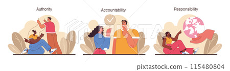 Delegation set. Task assignment and control. Leader or manager transferring a task to a responsible employee. Effective business management. Flat vector illustration Delegation set. Task assignment and control. Leader or manager transferring a task to a responsible employee. Effective business management. Flat vector illustration 115480804