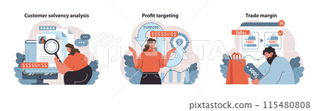 Retail Profit Plan set. Evaluating customer solvency, setting profit goals, and calculating trade margins. Insightful financial assessments for informed business strategies. Flat vector illustration. 115480808