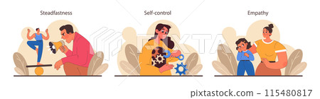Patience set. Calm person meditating and finding balance. Mental or emotional strength, psychological self-control. Strong determination to the objective. Flat vector illustration Patience set. Calm person meditating and finding balance. Mental or emotional strength, psychological self-control. Strong determination to the objective. Flat vector illustration 115480817