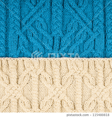 Knitted turquoise and beige background. Large knitted fabric with a pattern. Close-up of a knitted blanket. 115480818
