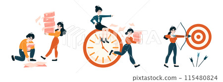 Time Management set. Dynamic business people tackle deadlines, prioritize tasks, aim for targets. Efficient workflow and punctuality theme. Flat vector illustration 115480824