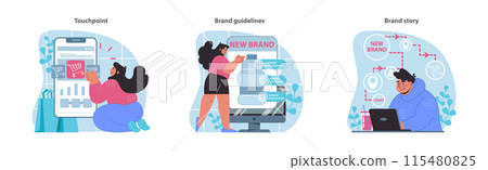 Branding essentials set. Interactive touchpoints, comprehensive guidelines, and storytelling. Crafting a narrative in brand building. Flat vector illustration. Branding essentials set. Interactive touchpoints, comprehensive guidelines, and storytelling. Crafting a narrative in brand building. Flat vector illustration. 115480825
