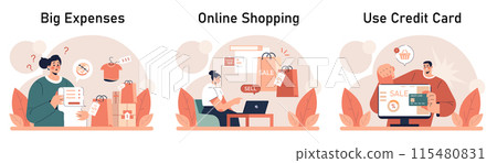 Impulsive buying set. Shopaholic money problems. Consumer doing useless purchases without thoughtful consideration or planning. Spontaneous buying. Flat vector illustration 115480831