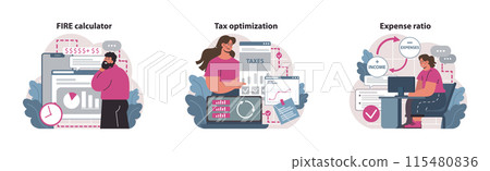 Financial independence, FIRE concept set. Money savings and investment for early retirement. Financial literacy and personal budget development. Assets management. Flat vector illustration 115480836