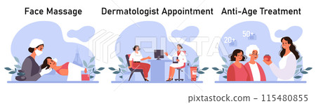 Skincare routine set. Facial skin cosmetic products applying and professional dermatology procedure. Cleansing and moisturizing treatment. Flat vector illustration 115480855