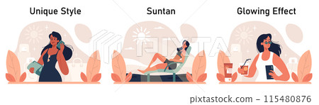 Self-tan set. Beautiful woman applying self-tanner bronzing lotion. Artificial tan cream. Sunburn protection and skin care procedure. Flat vector illustration Self-tan set. Beautiful woman applying self-tanner bronzing lotion. Artificial tan cream. Sunburn protection and skin care procedure. Flat vector illustration 115480876