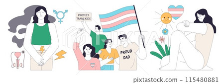 Gender transition consequences set. Gender-affirming therapy, positive and negative experience. Transgender person mental health, legalization, infertility and discrimination. Flat vector illustration 115480881