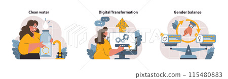 SDG or sustainable development goals set. Global target for better future. Environment protection, social progress and innovative technologies. ESG and CSR. Flat vector illustration 115480883