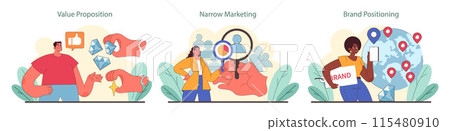 Brand strategy set. Showcasing value proposition, exploring narrow marketing focus, and strategic brand positioning. A toolkit for crafting niche market identity. Flat vector illustration. 115480910