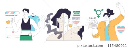 Gender transition process set. Gender-affirming therapy for transgender people. Gender dysphoria, coming out, hormone therapy and sex reassignment surgery. Flat vector illustration Gender transition process set. Gender-affirming therapy for transgender people. Gender dysphoria, coming out, hormone therapy and sex reassignment surgery. Flat vector illustration 115480911