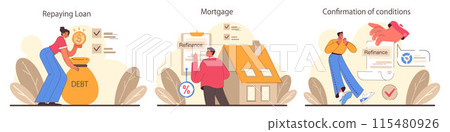 Refinance process set. Loan rate reduction to lender agreements. Debt obligation with better interest rate. Housing loan, real estate mortgage. Flat vector illustration 115480926