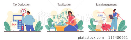 Tax optimization set. Financial efficiency, budgeting and economy idea. Taxes deduction and refund. Flat vector illustration Tax optimization set. Financial efficiency, budgeting and economy idea. Taxes deduction and refund. Flat vector illustration 115480931
