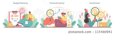 Financial Responsibility set. Detailed budget planning, mastering financial literacy, and making informed investments. Key concepts in financial education visualized. Flat vector illustration. Financial Responsibility set. Detailed budget planning, mastering financial literacy, and making informed investments. Key concepts in financial education visualized. Flat vector illustration. 115480941