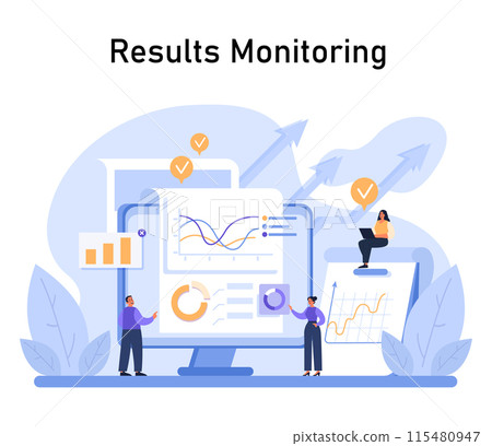 Results Monitoring concept. Professionals scrutinize data analytics for insights and performance metrics, essential in marketing strategy development. Data-driven decision-making. vector illustration Results Monitoring concept. Professionals scrutinize data analytics for insights and performance metrics, essential in marketing strategy development. Data-driven decision-making. vector illustration 115480947