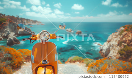 Orange scooter parked on cliffside with turquoise sea and rocky coastline 115480952