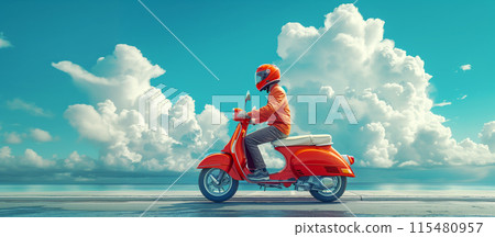 Man riding orange scooter on coastal road with large clouds and blue sky Man riding orange scooter on coastal road with large clouds and blue sky 115480957