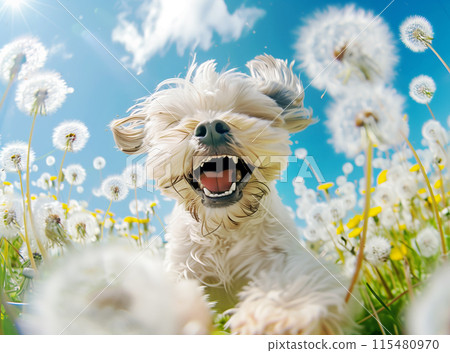 Shih Tzu dog happily running through a field of white dandelions under a sunny blue sky 115480970