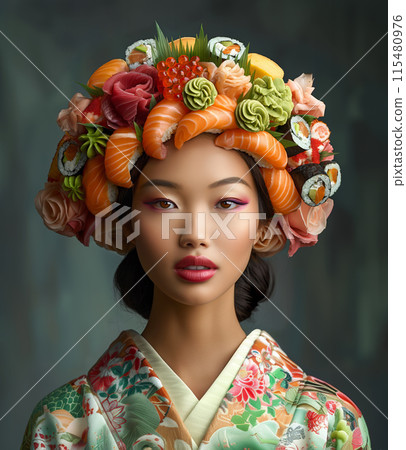 Asian woman wearing a headpiece made of sushi and other Japanese food 115480976