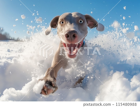 Dramatic close up of a funny Weimaraner dog playing through snow on a sunny winter day 115480988