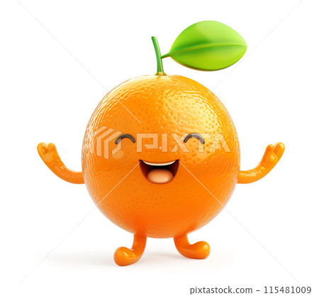 Happy orange fruit of tangerine cartoon character with raised little hands, isolated on white Happy orange fruit of tangerine cartoon character with raised little hands, isolated on white 115481009
