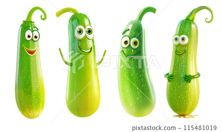 Collection of cute cartoon zucchini characters isolated on white background 115481019
