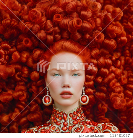 Young woman with vibrant red curly hair, wearing earrings and an ornate outfit adorned with garnet gemstones 115481057
