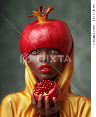 Black woman wearing a pomegranate as a hat, holding a half pomegranate, against studio background 115481060