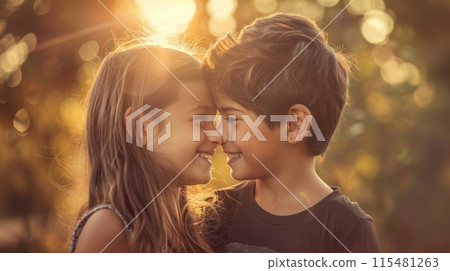 Two young children, a girl and a boy, are shown smiling at each other in a close-up shot.  115481263