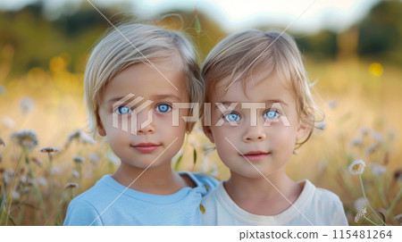 Two young blonde boys with bright blue eyes smile in a field of flowers. 115481264