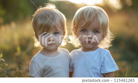 Two toddler boys with blonde hair and blue eyes stand side-by-side in a field 115481265