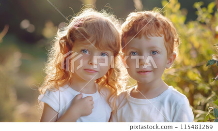 A portrait of two young twins, a boy and a girl, standing close together in a summer garden. A portrait of two young twins, a boy and a girl, standing close together in a summer garden. 115481269