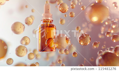 A close-up image of a small amber glass bottle with a dropper, surrounded by suspended droplets  115481276