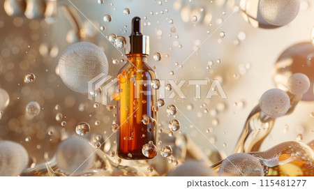 A close-up shot of an amber glass bottle with a dropper surrounded by water droplets. 115481277