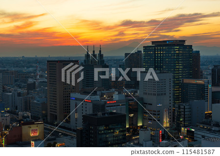 Sunset cityscape, view from Kawasaki City Hall, towards Mt. Fuji 115481587