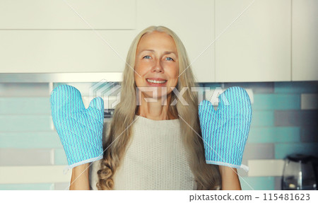 Happy smiling woman housewife with oven gloves potholders is engaged in cooking food in the kitchen Happy smiling woman housewife with oven gloves potholders is engaged in cooking food in the kitchen 115481623