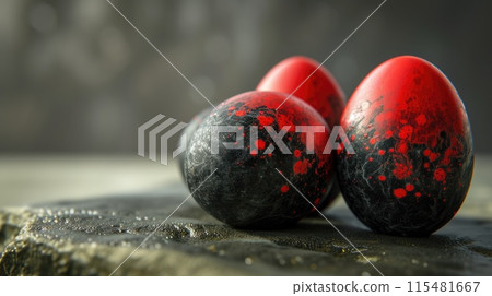 Red and black Easter Eggs on dark Background. Happy Easter eggs Red and black Easter Eggs on dark Background. Happy Easter eggs 115481667