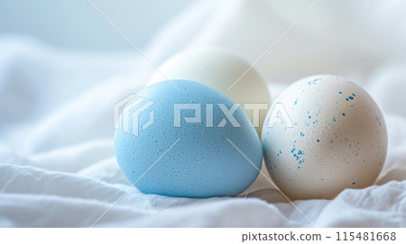 Blue Easter Eggs with White Polka Dots on Light Blue Background. Easter eggs 115481668