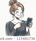 A woman holding a smartphone and looking at the screen 115481736