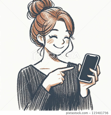 A woman holding a smartphone and looking at the screen 115481736